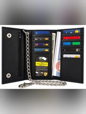 Men's Cowhide Black Leather Trifold Chain Motorcycle Biker Long Checkbook Wallet